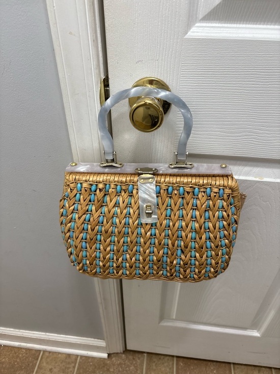 Vintage Handbags - Vintage 50’s Wicker Handbag With Turquoise Accent and Pearl Handle BB Hong Kong